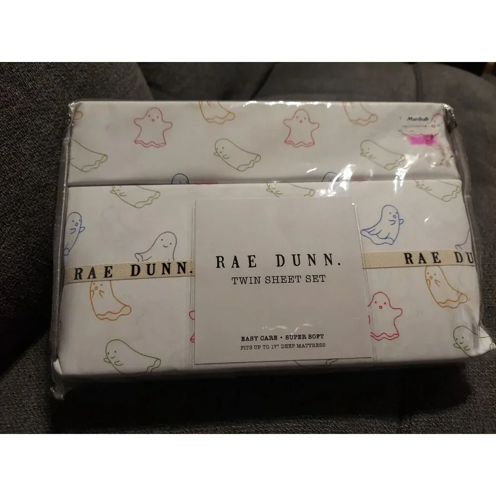 Rae Dunn Halloween SPOOKY‎ Dancing Skeleton Black Cat Twin Sized Sheet Set White